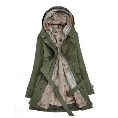 Womens Winter Coats Faux Fur Lining Parka With Fur Hood In Green