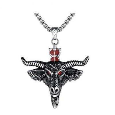 Stainless Steel Goat of Mendes (i.e. God of Witches) W. Pentagram and Red Crystal Eyes Pendant Necklace