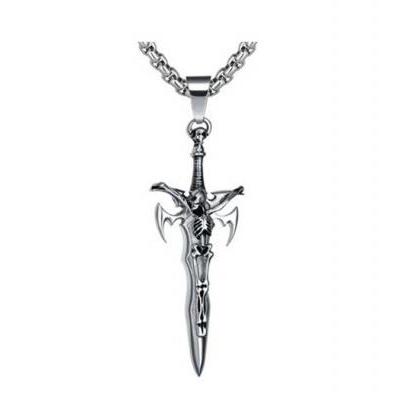 Stainless Steel Men's Gothic Large Skeleton Crucifix Sword Pendant Necklace