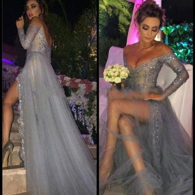 Sexy V-Neck Off Shoulder Gray Prom Dress,Dress with Long Sleeve Applique,See Through Slit Prom Dresses