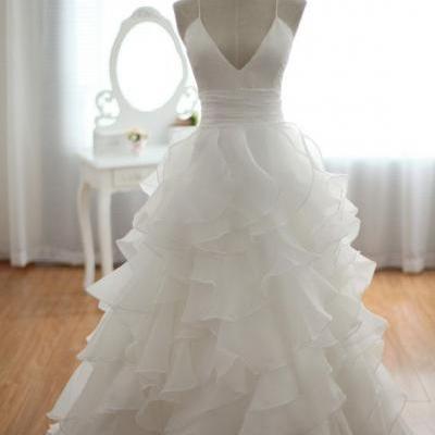 Open Back Prom Dress,White Ruffles Prom Dresses,Wedding Dress