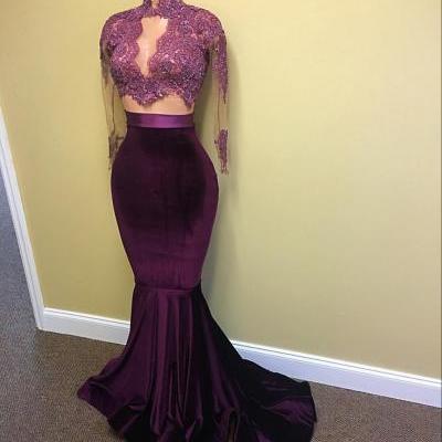 High Neck Prom Dress, Purple Mermaid Prom Dresses,Evening Dress