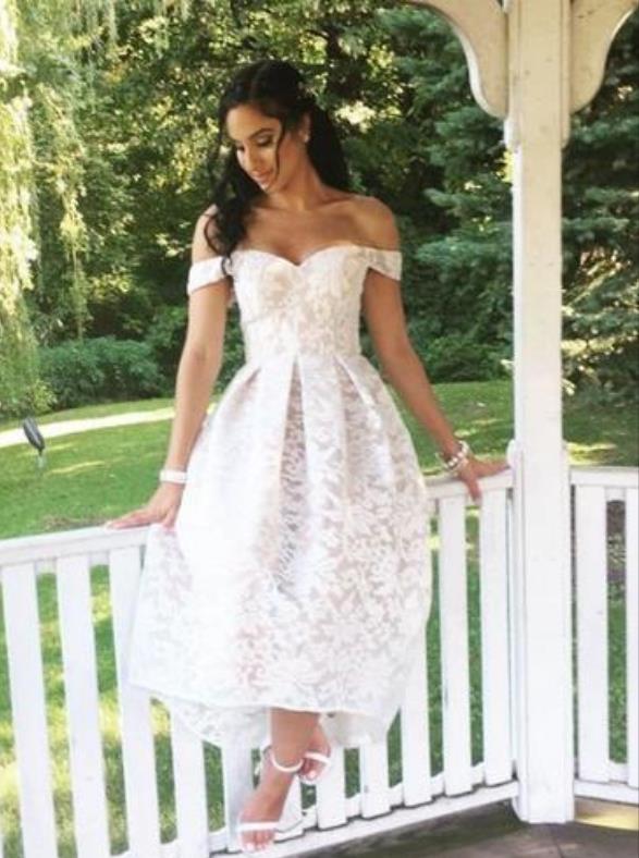 white lace high low dress