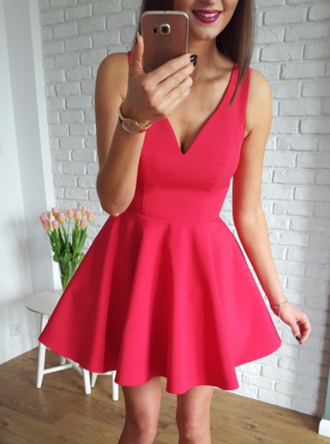 red v neck short dress