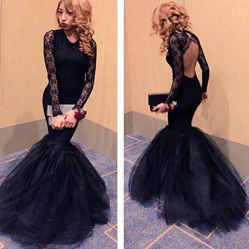 Black Lace Mermaid Floor Length Prom Dresses Sexy Open Back Prom Dress With Long Sleeves