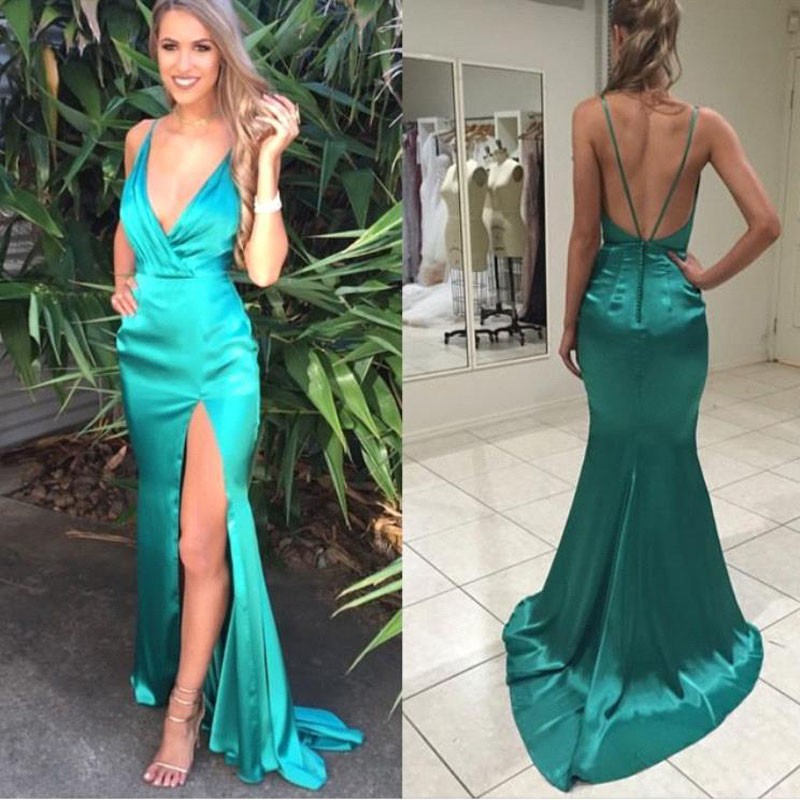 green satin backless dress