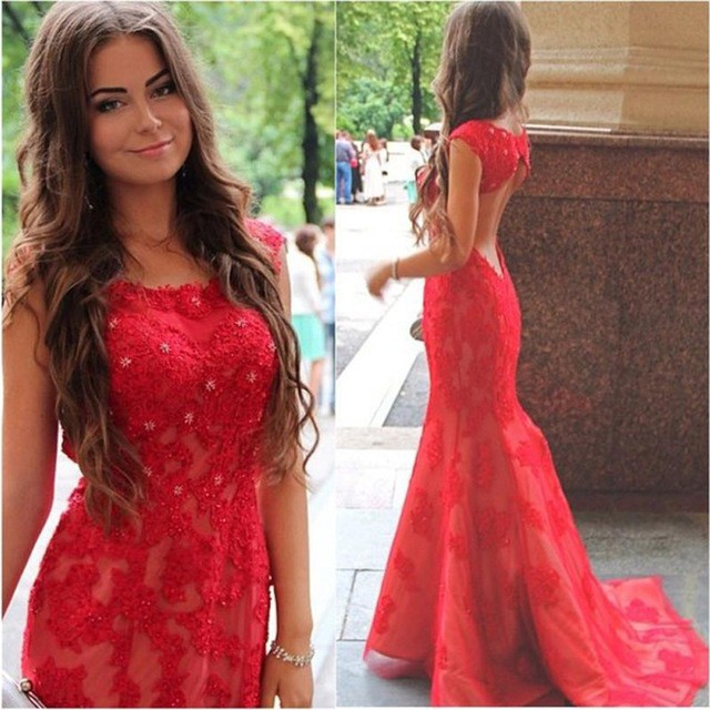 red lace open back dress