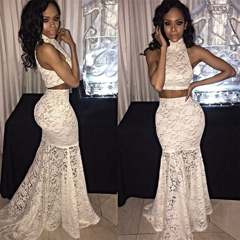 High neck two piece prom dress sale