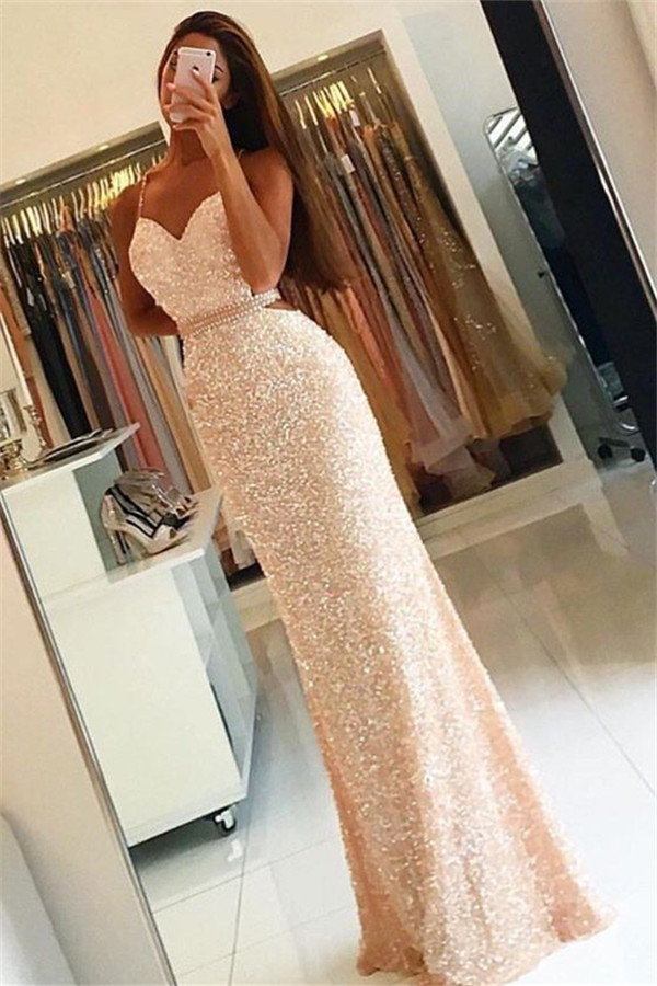 spaghetti strap sequin dress long