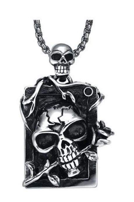 Stainless Steel Men&amp;#039;s Gothic Demon Skull And Rose W. Black Crystal Pendant Necklace