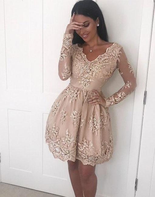 Champagne V-neck Lace Long Sleeve Homecoming Dresses on Luulla